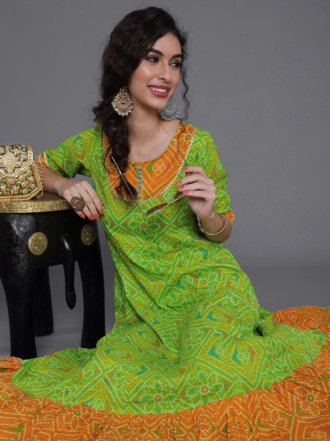 Green Bandhani Print Flared Maxi Dress