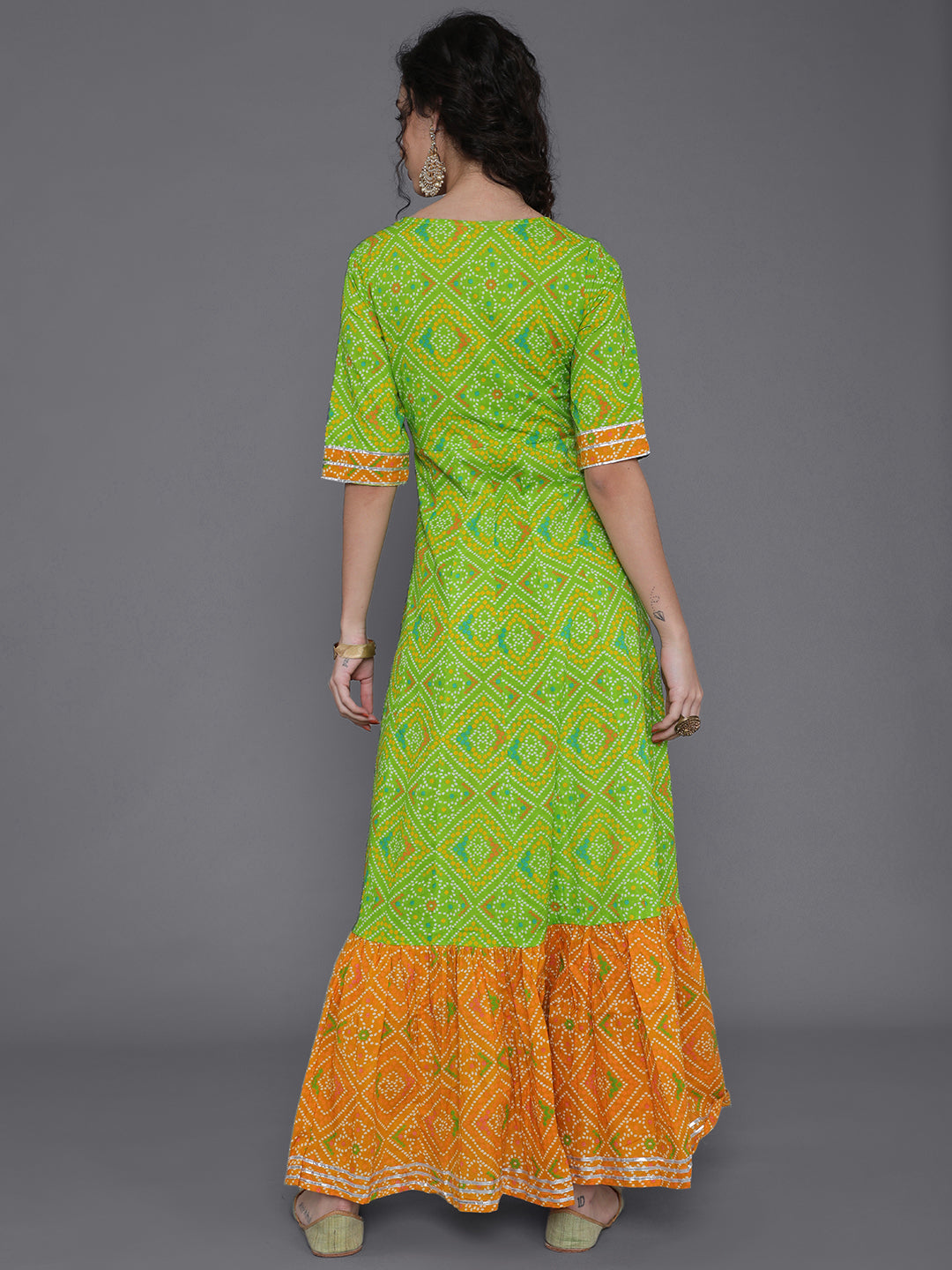 Green Bandhani Print Flared Maxi Dress