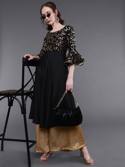 Black Printed Anarkali With Bell Sleeve