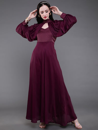 Burgundy Gold Printed Flared Maxi Dress