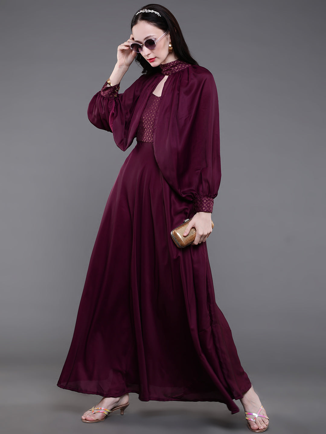 Burgundy Gold Printed Flared Maxi Dress