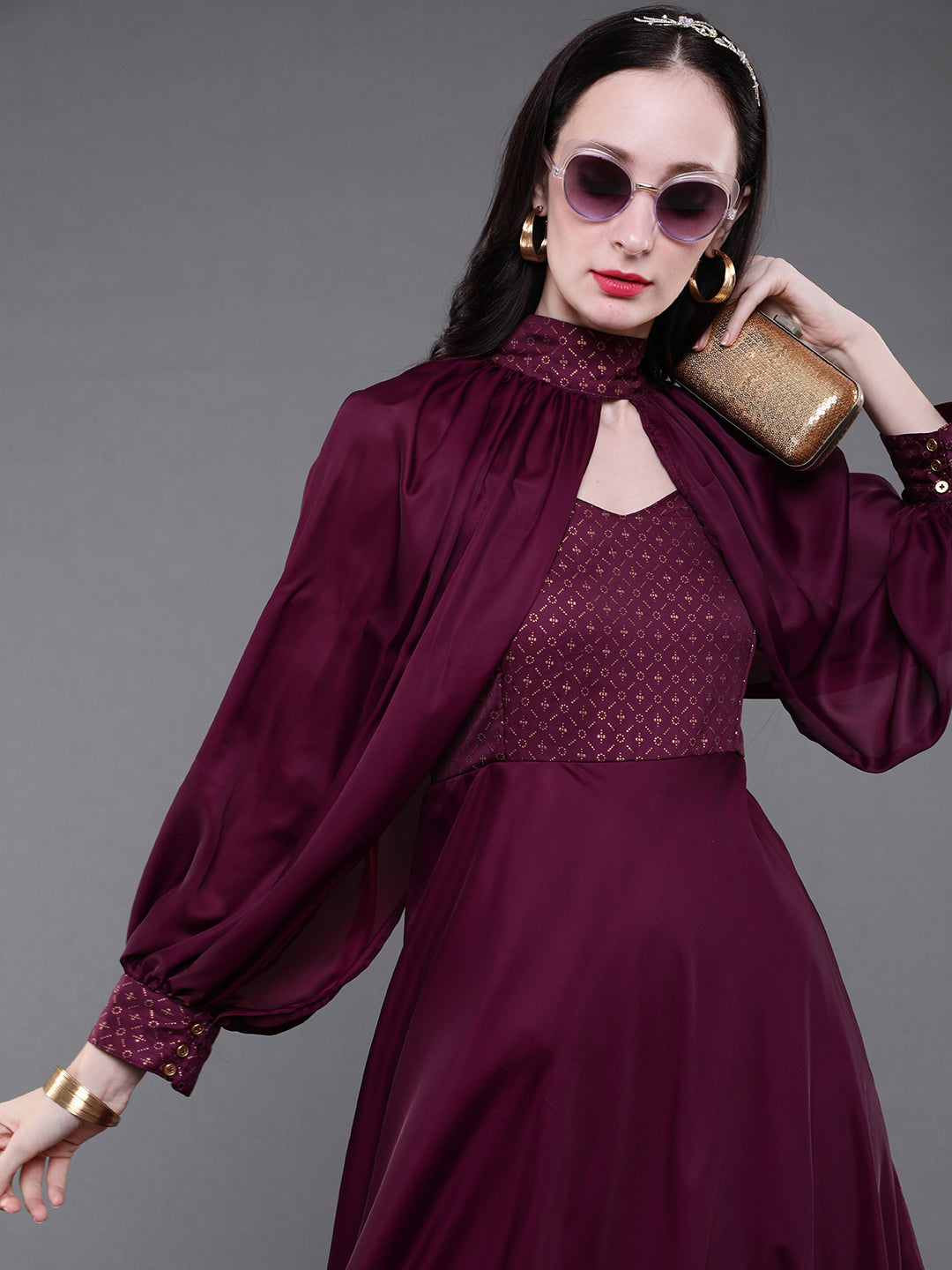 Burgundy Gold Printed Flared Maxi Dress