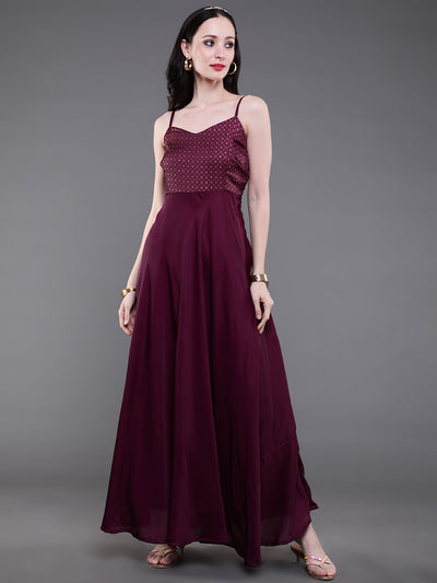 Burgundy Gold Printed Flared Maxi Dress