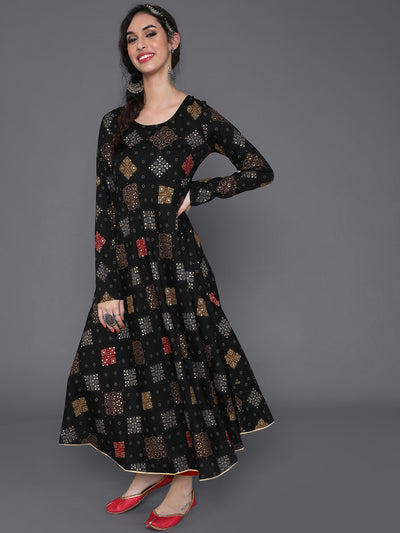 Black Gold Printed Flared Anarkali