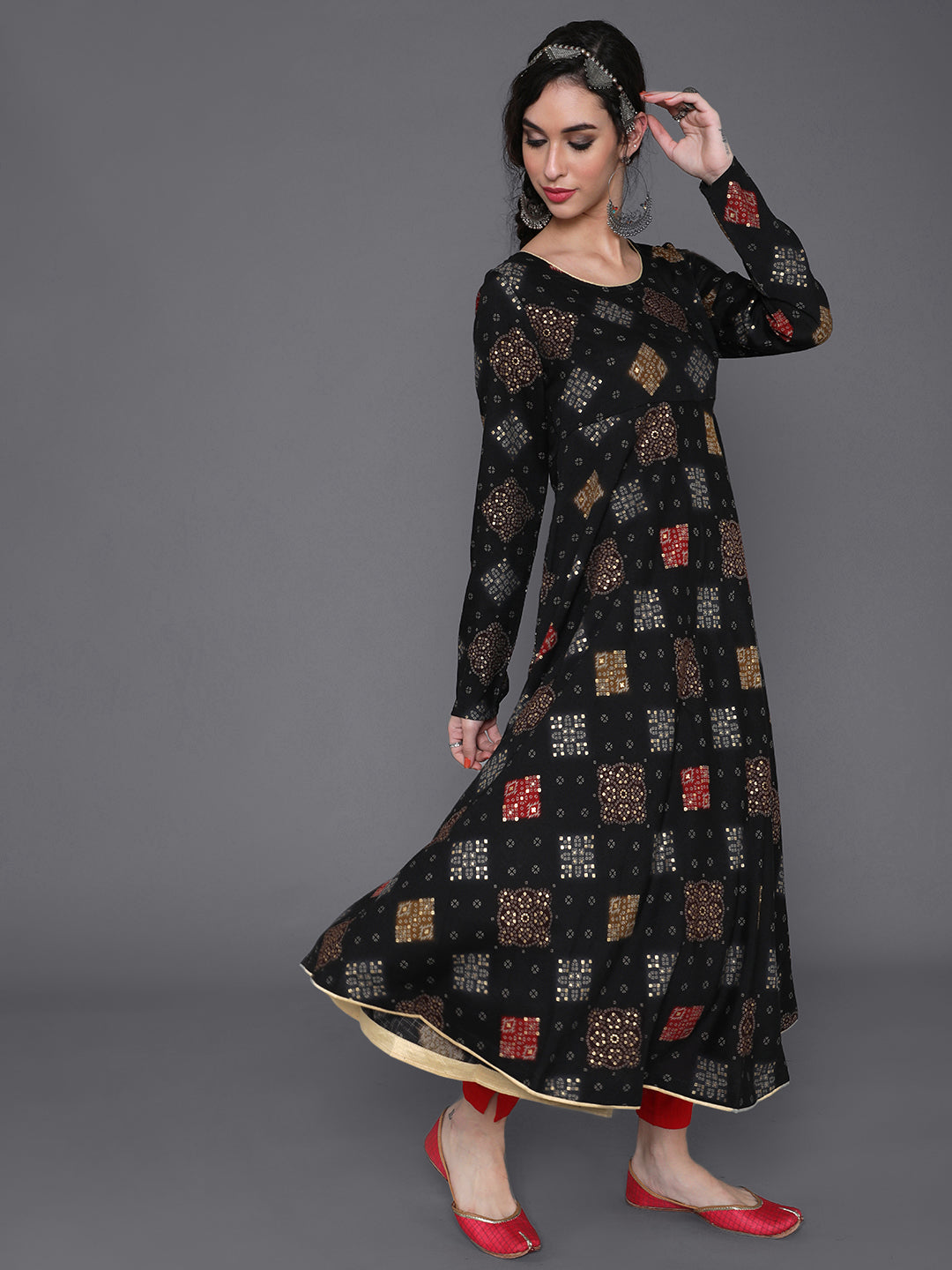 Black Gold Printed Flared Anarkali