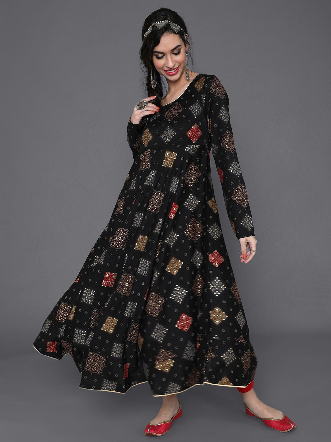 Black Gold Printed Flared Anarkali