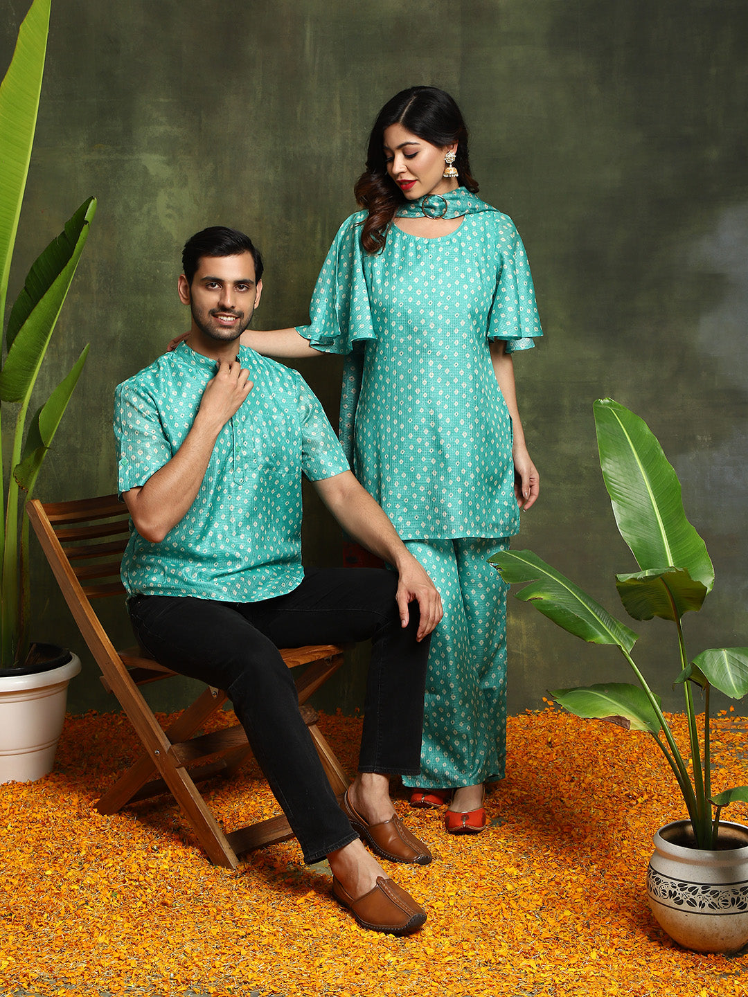 Green Bandhani Print Couple Combo