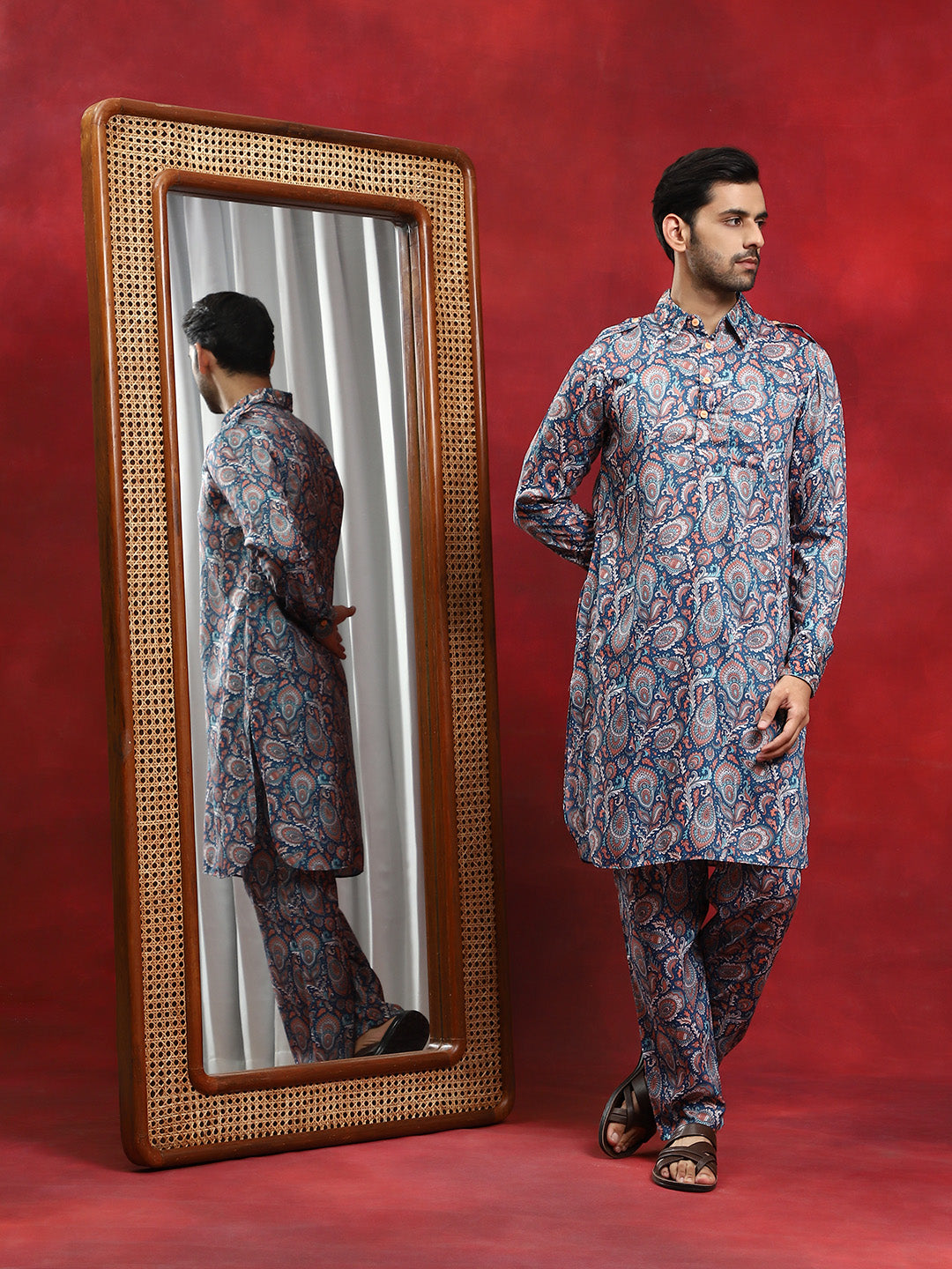 Blue Printed Pathani Kurta With Pyjama
