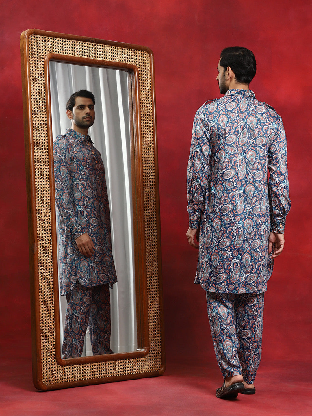 Blue Printed Pathani Kurta With Pyjama