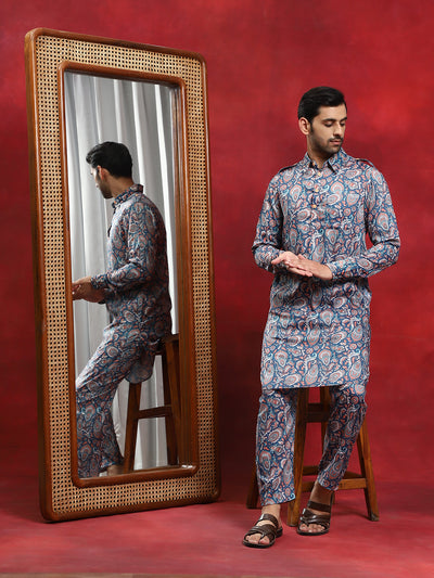 Blue Printed Pathani Kurta With Pyjama