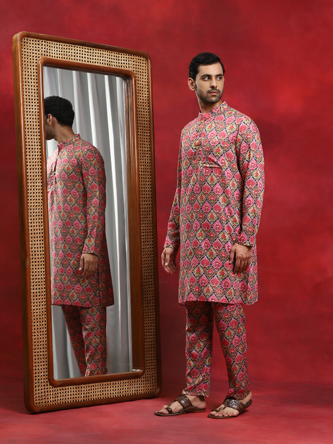 Multicolor Printed Kurta Pyjama With Nehru Jacket