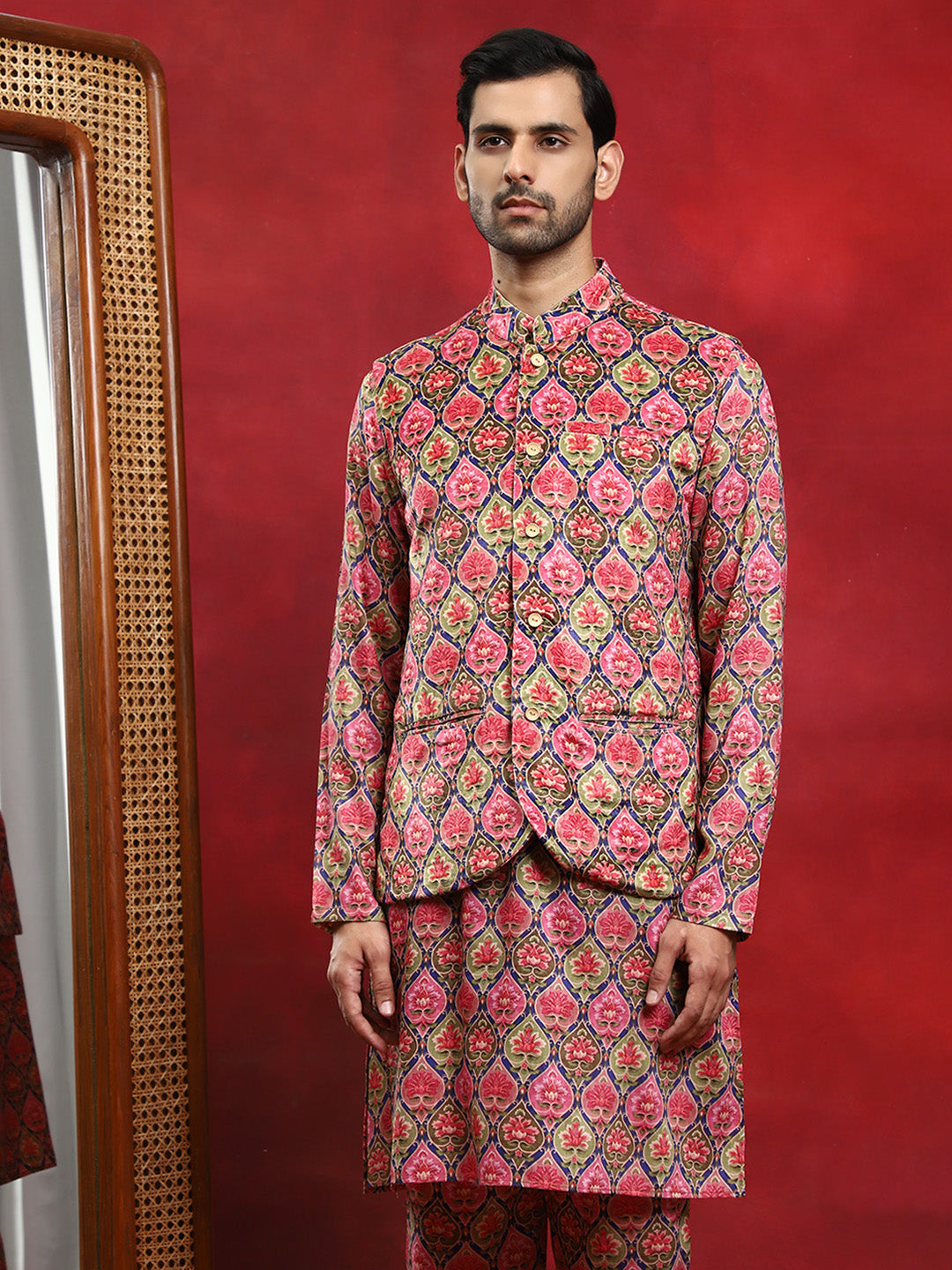 Multicolor Printed Kurta Pyjama With Nehru Jacket