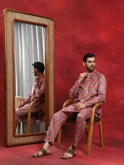 Multicolor Printed Kurta Pyjama With Nehru Jacket