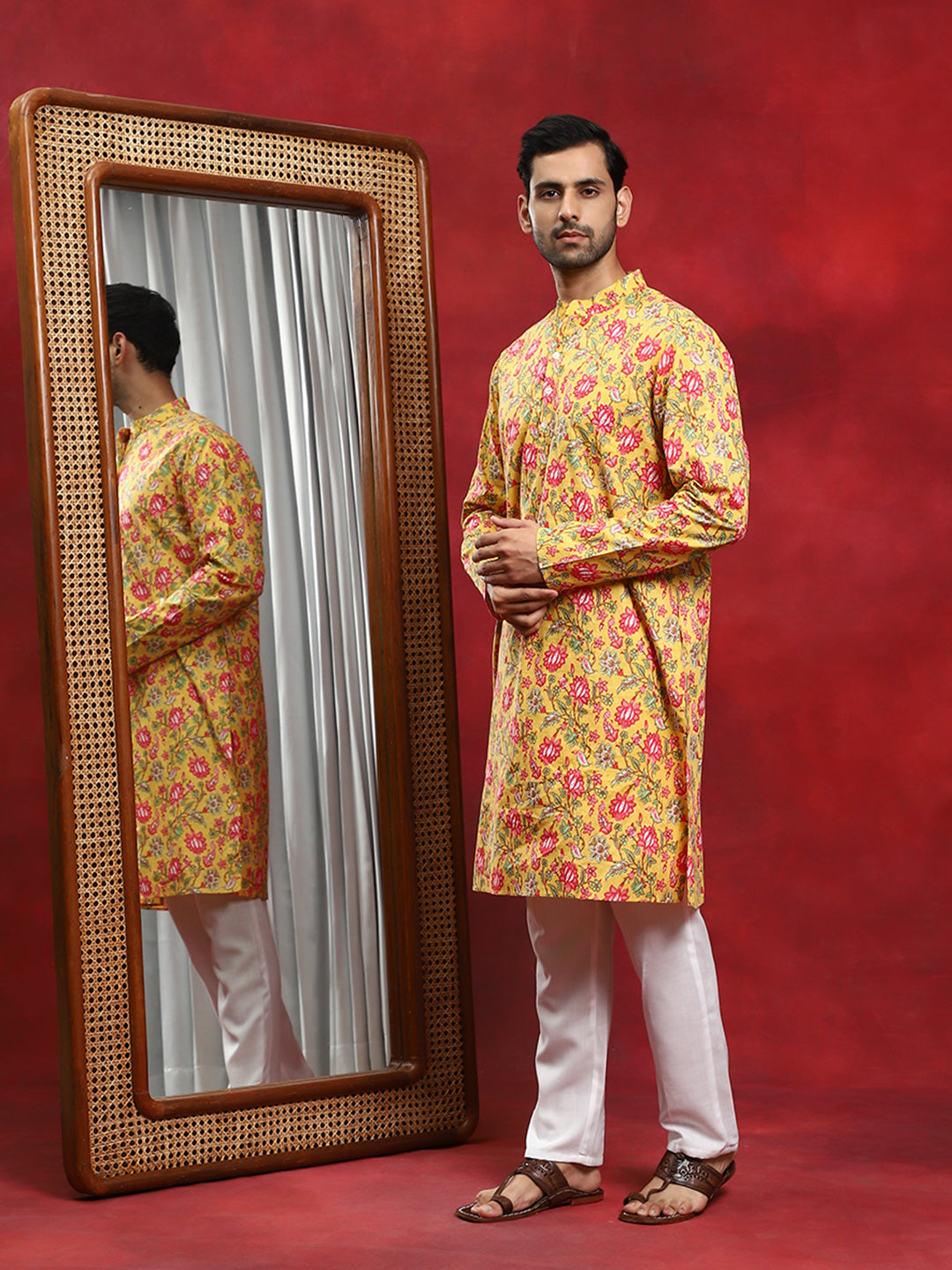 Yellow Floral Print Kurta With Nehru Jacket