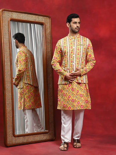 Yellow Floral Print Kurta With Nehru Jacket