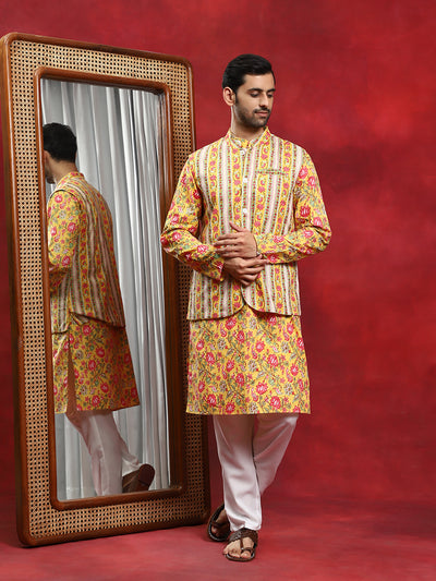 Yellow Floral Print Kurta With Nehru Jacket