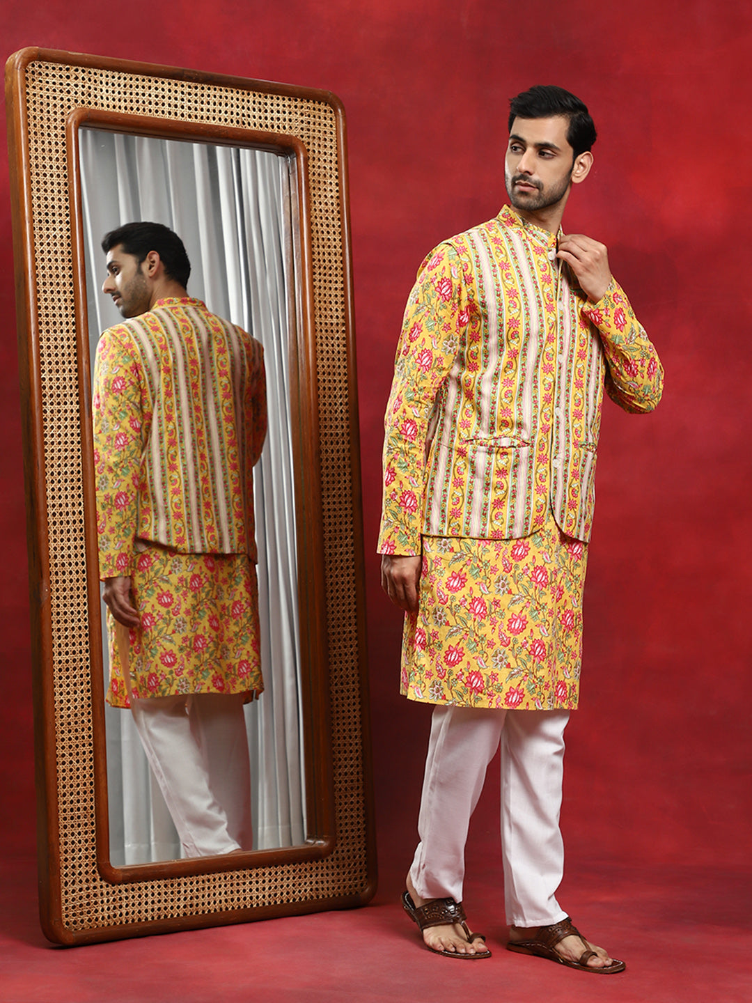 Yellow Floral Print Kurta With Nehru Jacket