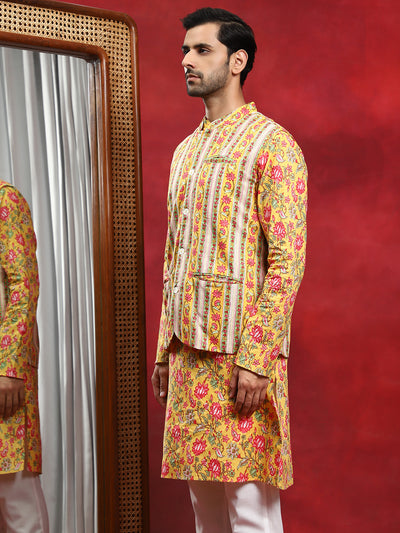 Yellow Floral Print Kurta With Nehru Jacket