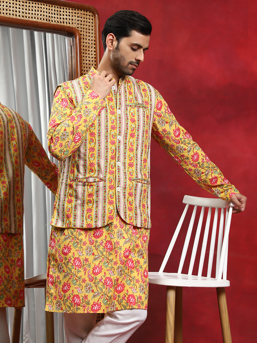 Yellow Floral Print Kurta With Nehru Jacket