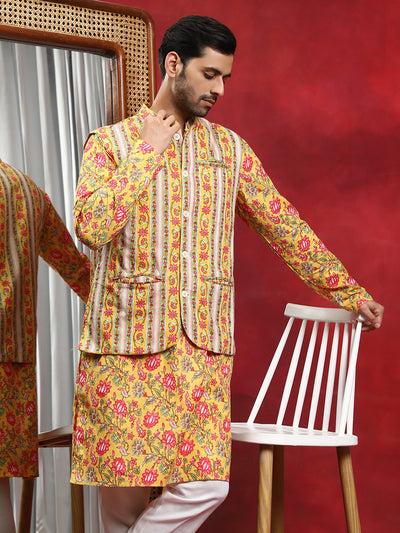 Yellow Floral Print Kurta With Nehru Jacket