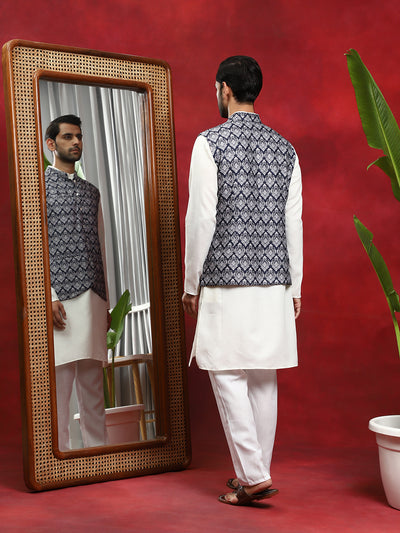 Blue Printed Nehru Jacket