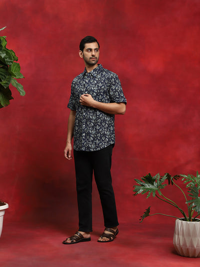 Navy Blue Printed Kantha Work Shirt