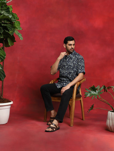 Navy Blue Printed Kantha Work Shirt