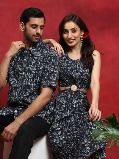 Navy Blue Floral Print Couple Combo Set