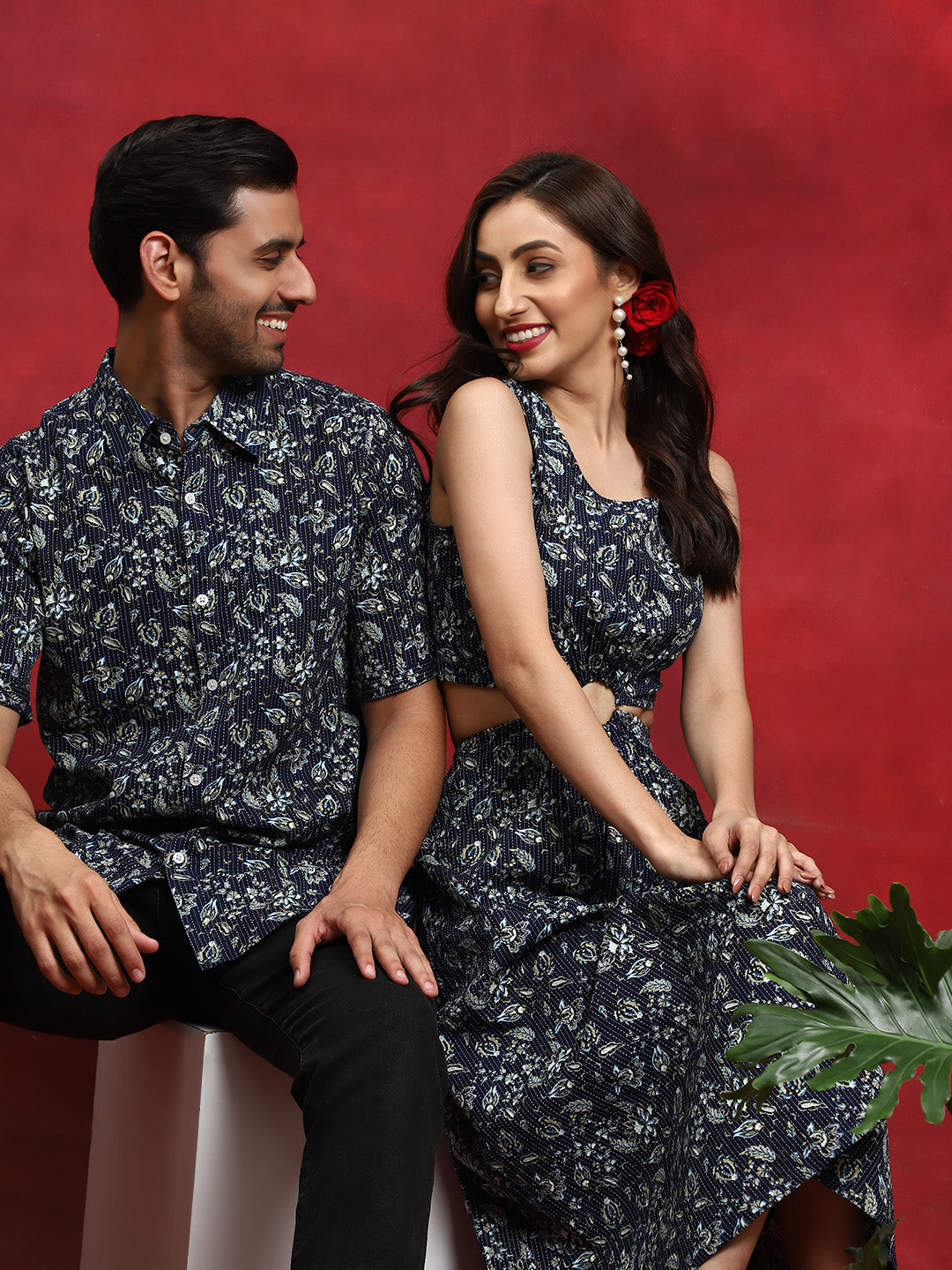 Navy Blue Floral Print Couple Combo Set