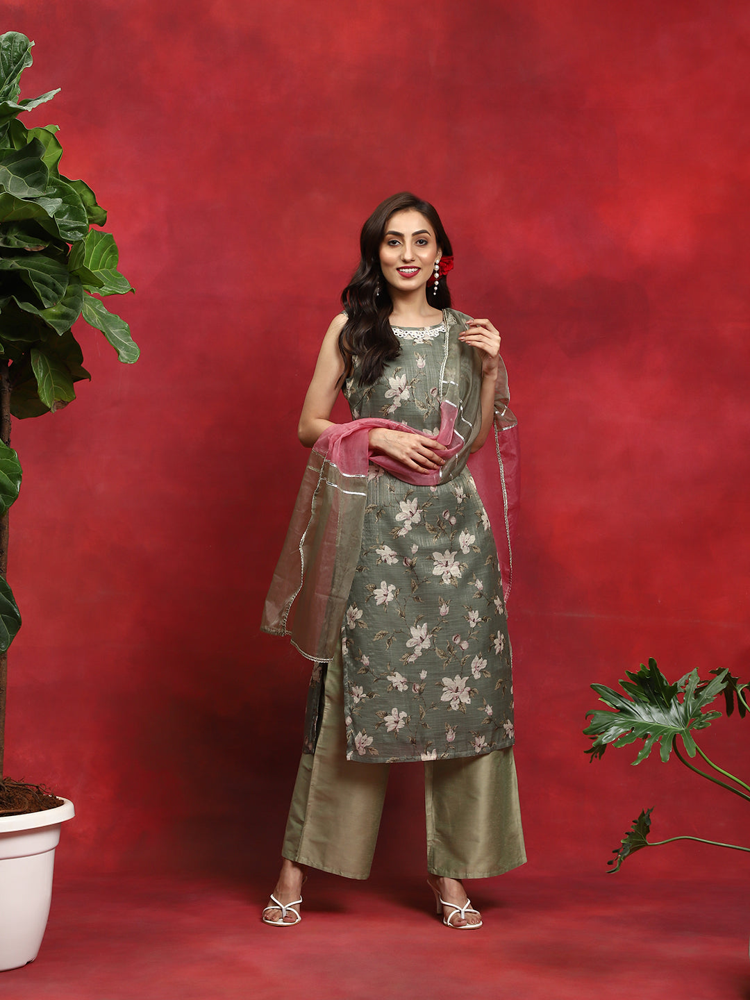 Green Floral Print Kurta Palazzo With Dupatta