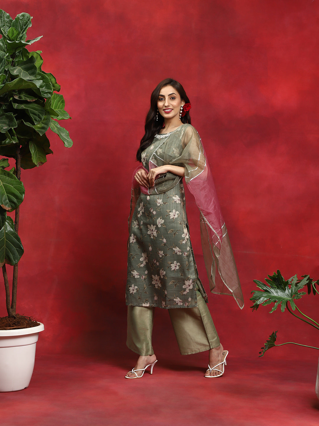 Green Floral Print Kurta Palazzo With Dupatta