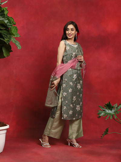 Green Floral Print Kurta Palazzo With Dupatta