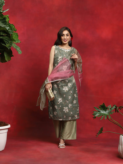 Green Floral Print Kurta Palazzo With Dupatta