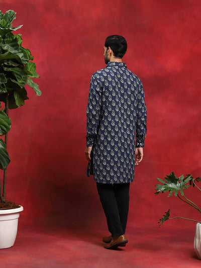 Navy Blue Printed Kantha Work Kurta