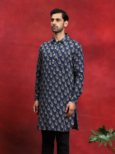 Navy Blue Printed Kantha Work Kurta