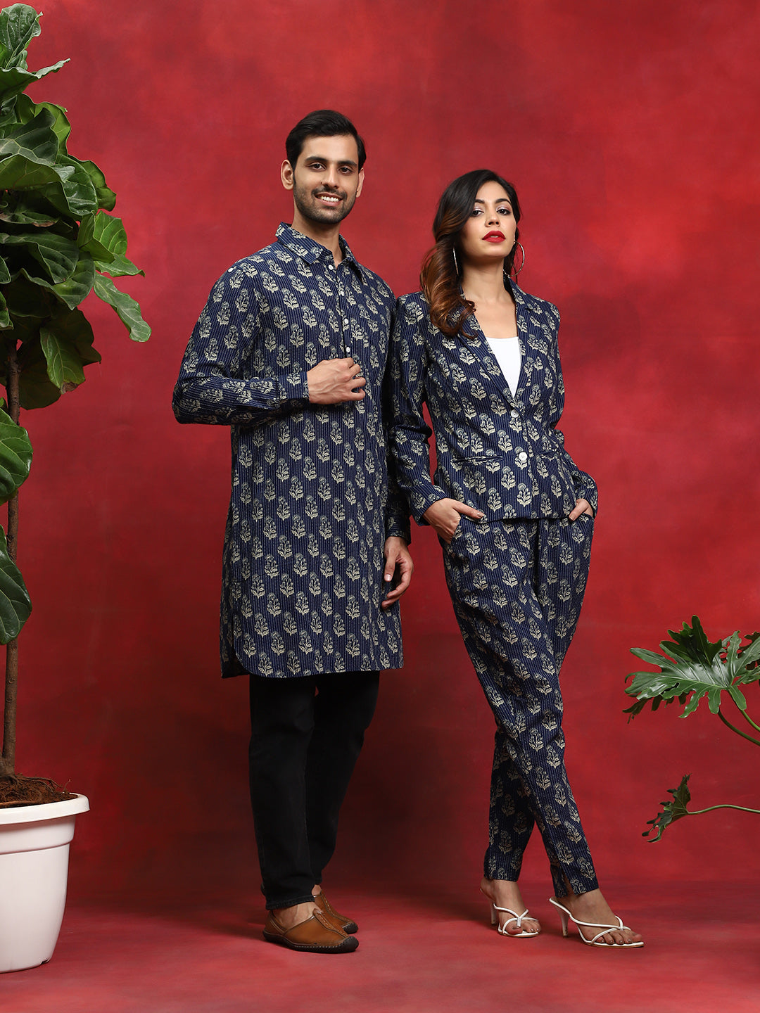 Navy Blue Printed Couple Combo Set