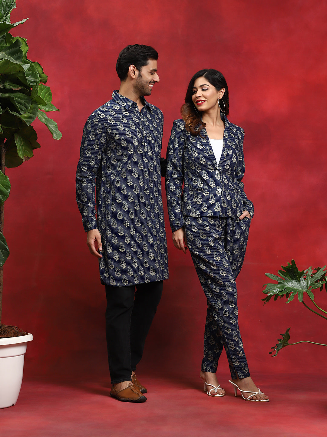 Navy Blue Printed Couple Combo Set