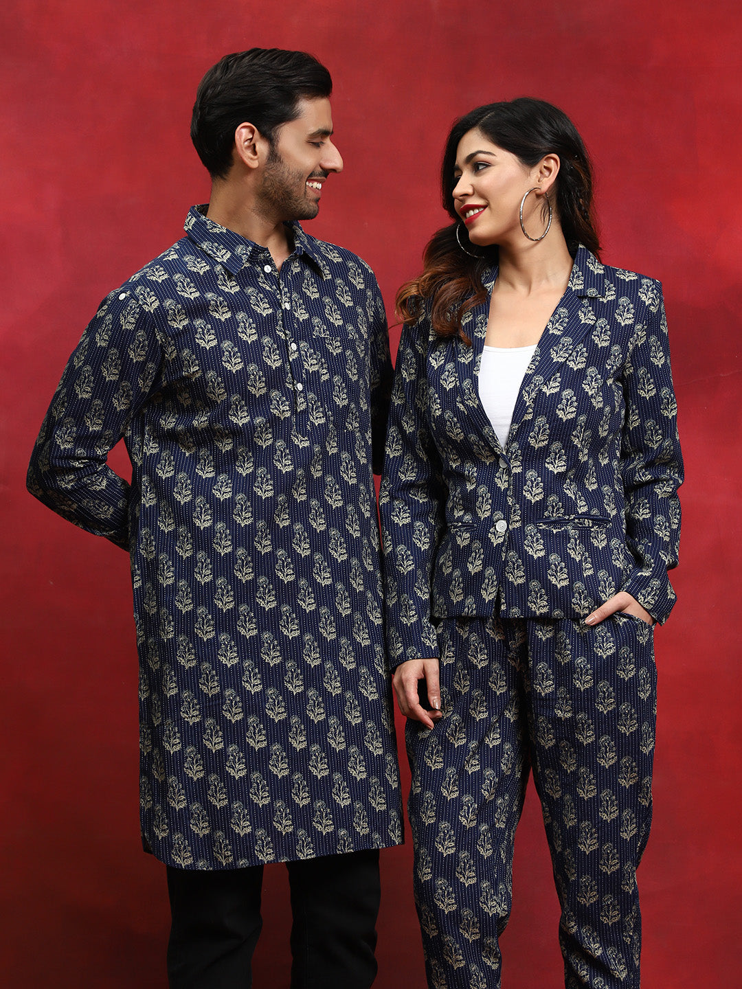 Navy Blue Printed Couple Combo Set