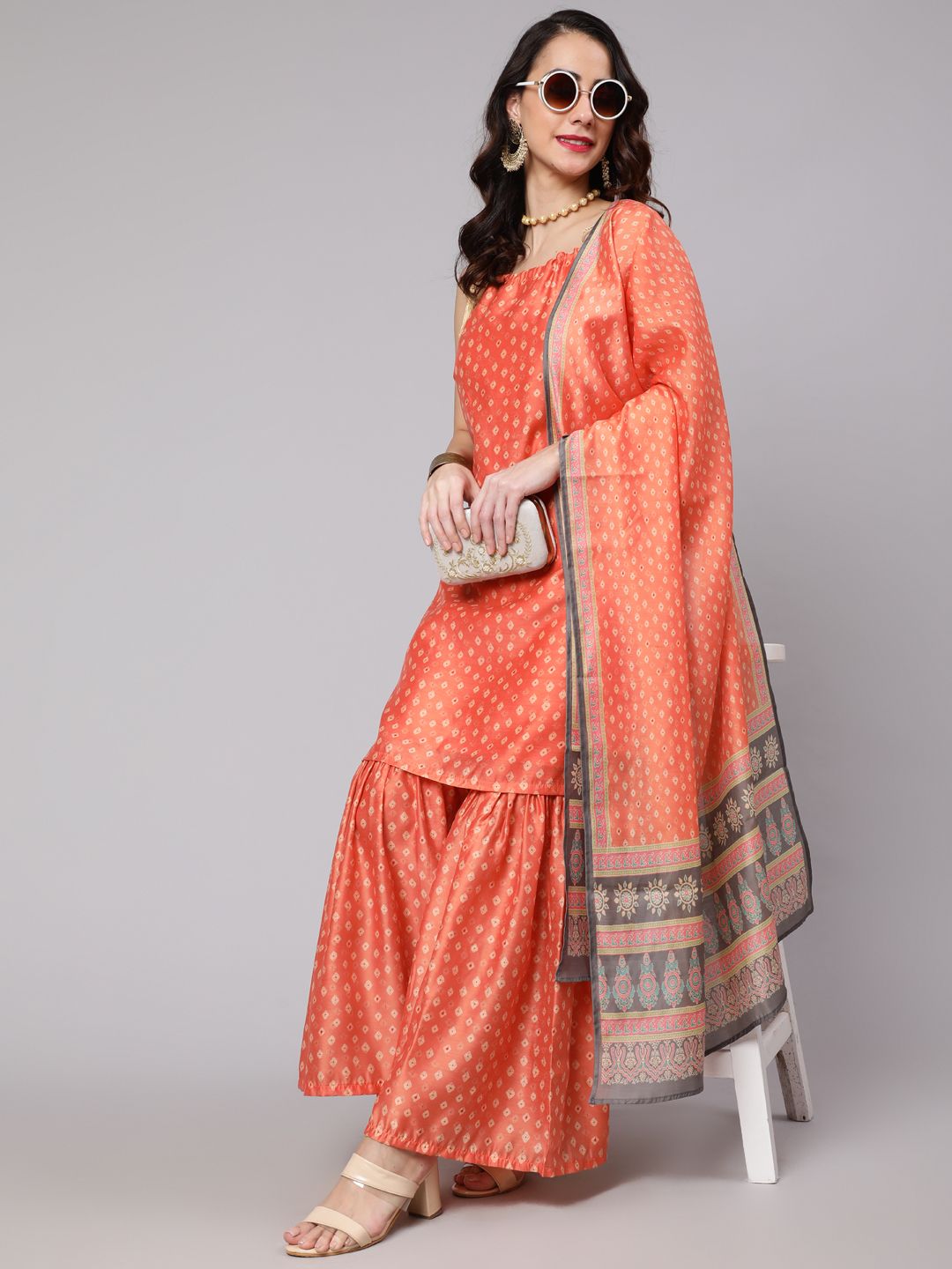 Orange Bandhani Sharara Suit Set Mother daughter Combo