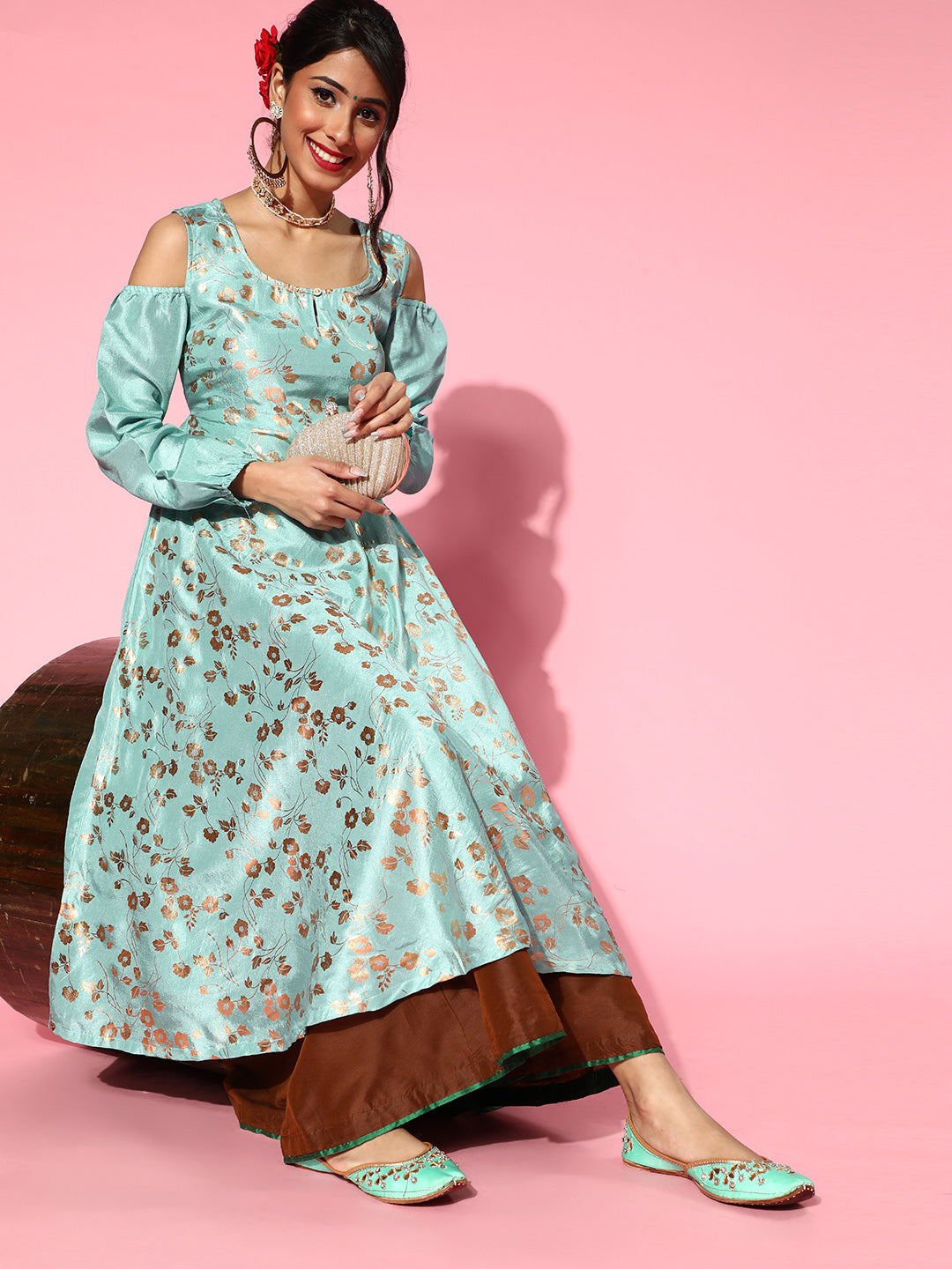 Pastel Blue Foil Print Flared Anarkali