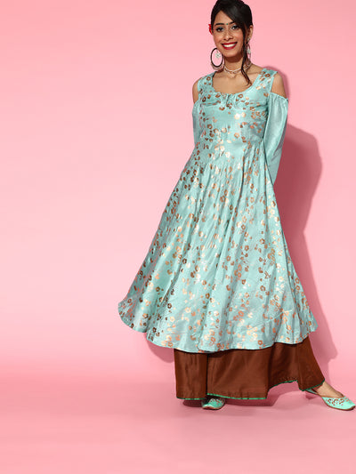 Pastel Blue Foil Print Flared Anarkali