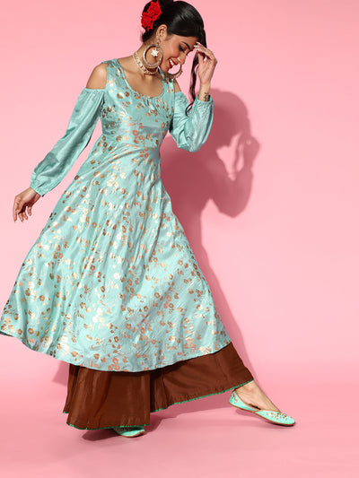 Pastel Blue Foil Print Flared Anarkali