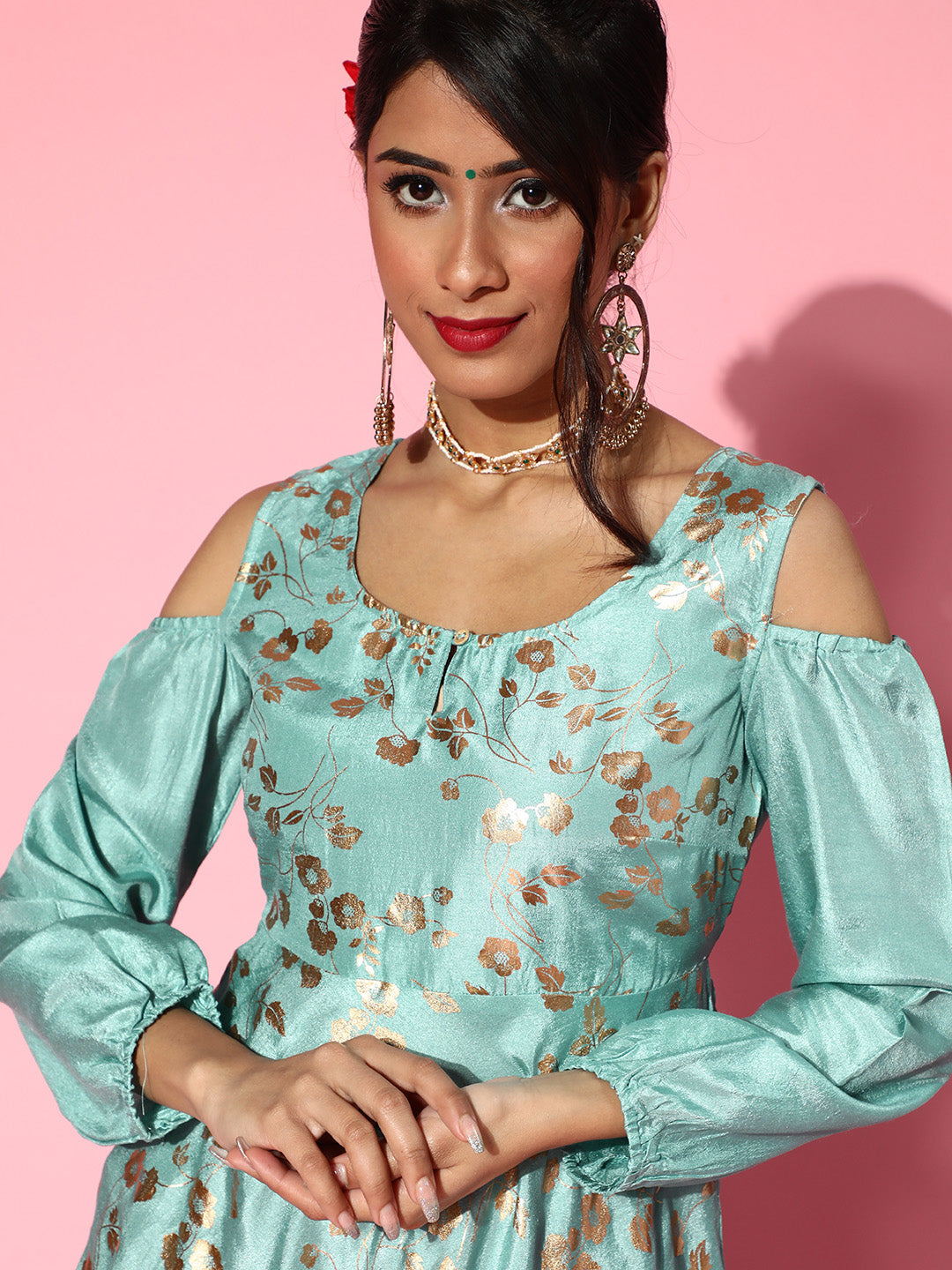 Pastel Blue Foil Print Flared Anarkali