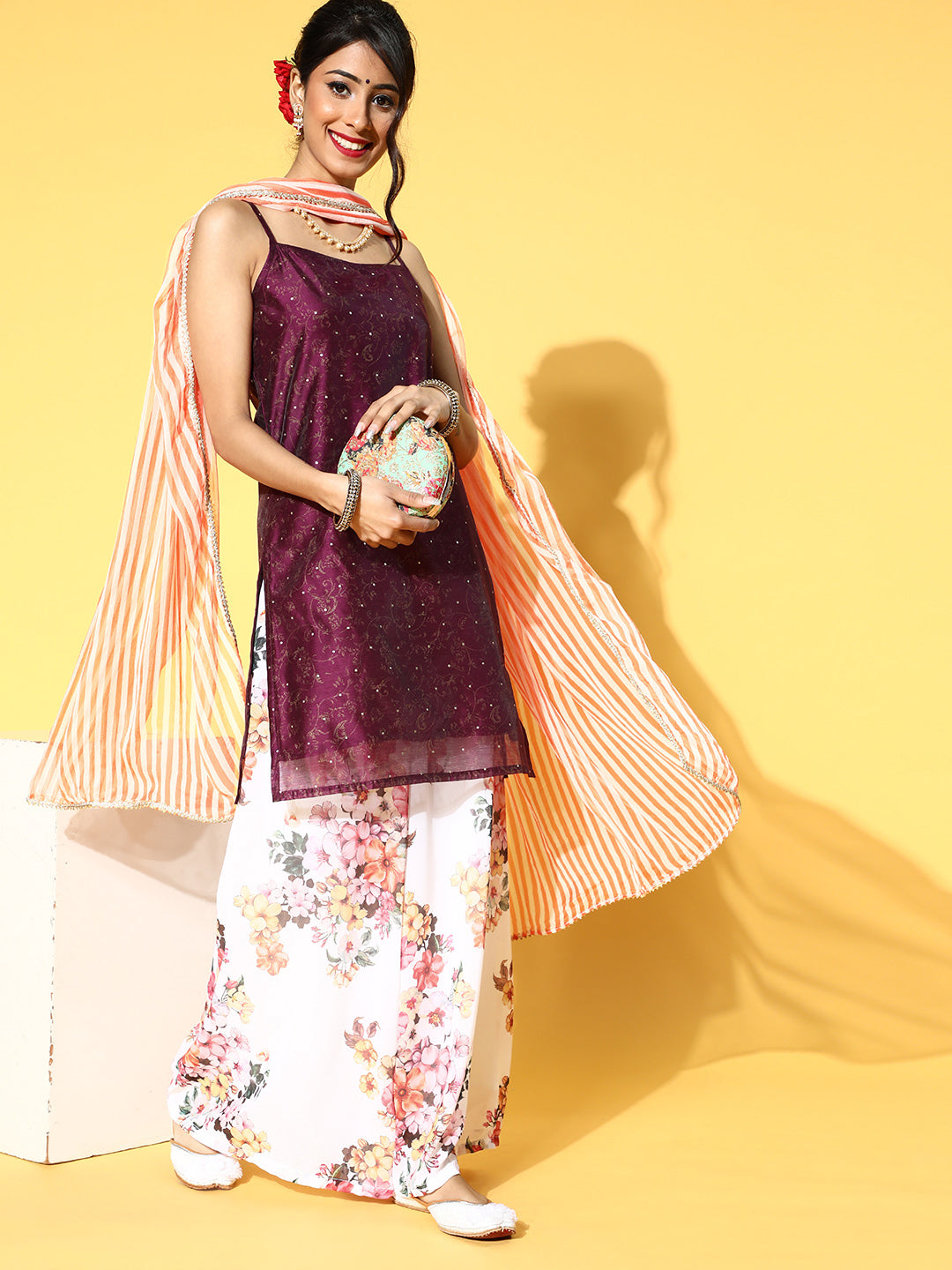 Purple Gold Print Kurta Palazzo With Dupatta