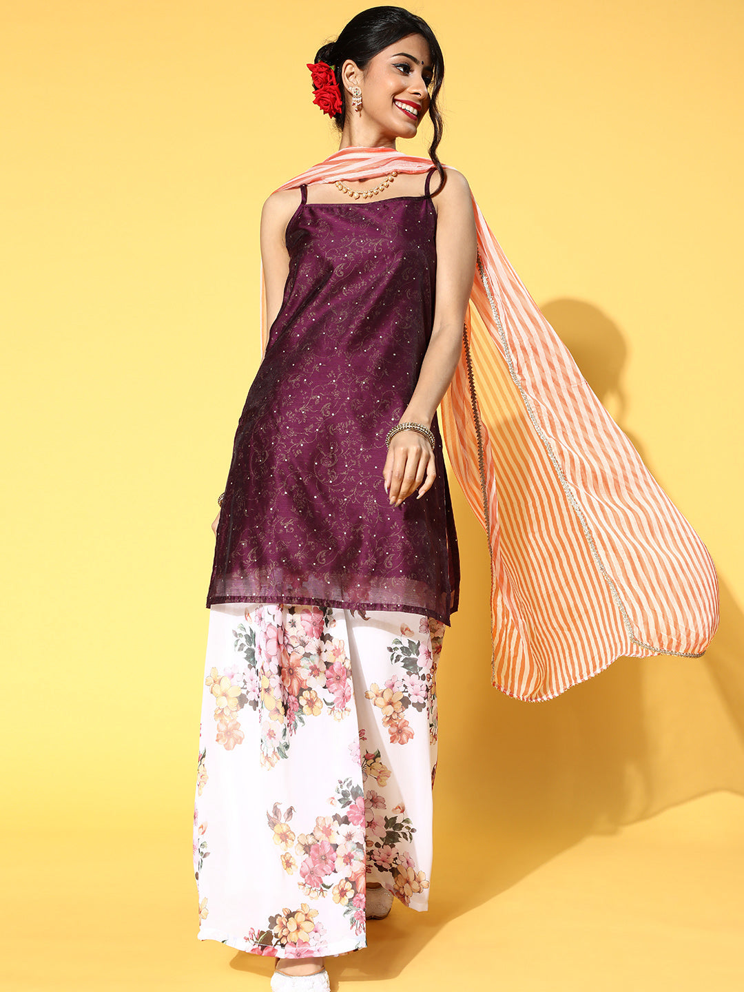 Purple Gold Print Kurta Palazzo With Dupatta