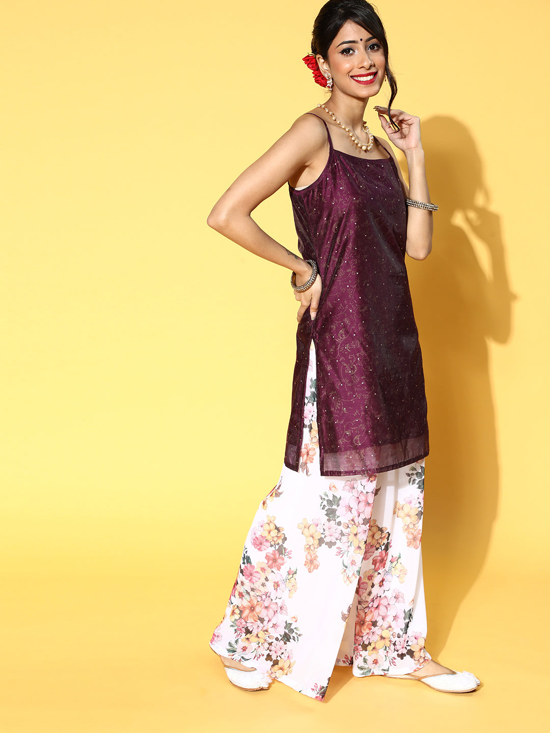 Purple Gold Print Kurta Palazzo With Dupatta