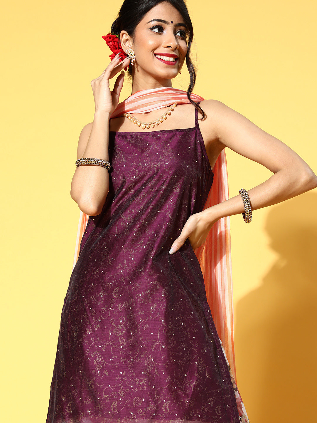 Purple Gold Print Kurta Palazzo With Dupatta