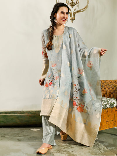 Pastel Blue Woven Designed Kurta Pant With Dupatta