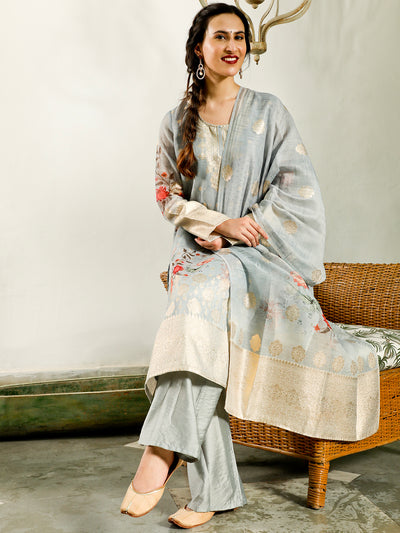 Pastel Blue Woven Designed Kurta Pant With Dupatta