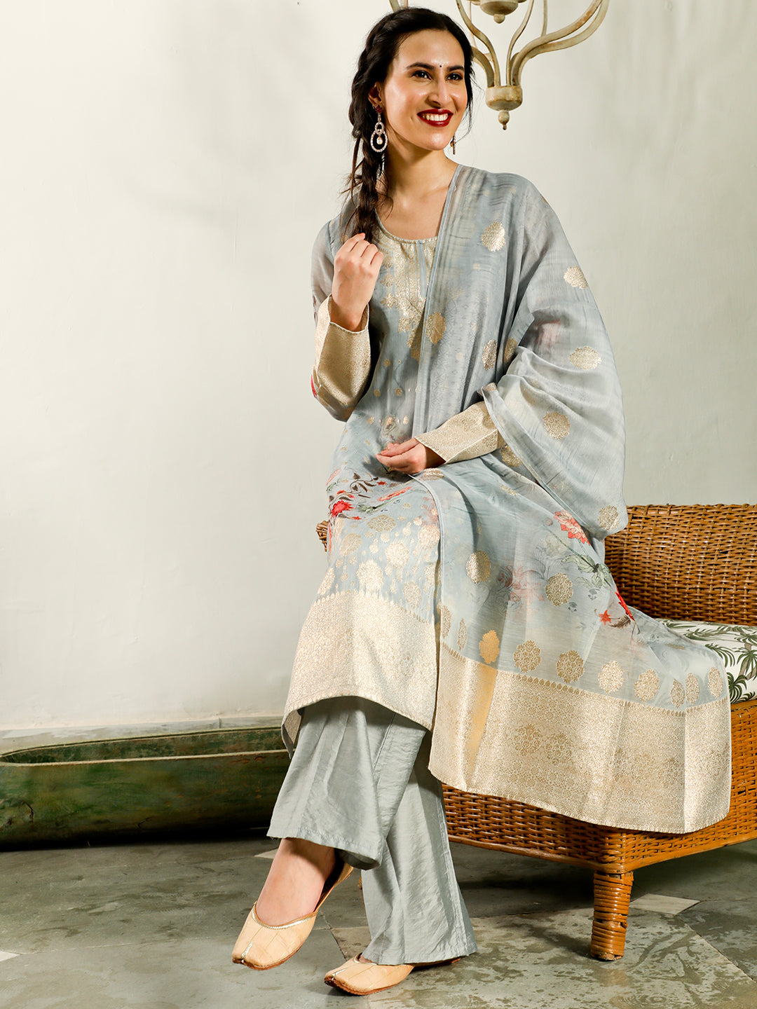 Pastel Blue Woven Designed Kurta Pant With Dupatta